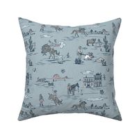 VINTAGE COMIC COWBOYS AND COWGIRLS - LIGHT BLUE RETRO DENIM