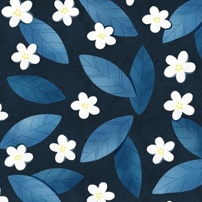 Dark Blue Leaves and White Flowers Pattern