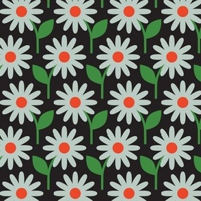 Retro Daisies (Aqua on Black) || vintage scandi floral