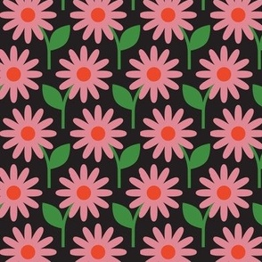 Retro Daisies (Pink on Black) || vintage scandi floral