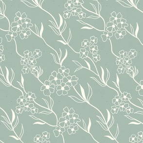 Muted Green Blossom and Branches Line Art