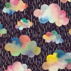 Watercolour Multi Coloured Rainclouds And Rain Purple Medium