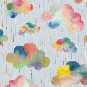 Watercolour Multi Coloured Rainclouds And Rain Light Grey Medium