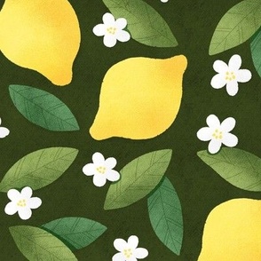 Yellow lemons, green leaves and white flowers seamless pattern 