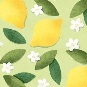 Yellow lemons, green leaves and white flowers seamless pattern