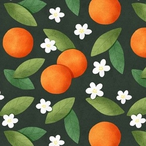 Oranges, Green Leaves, White Flowers Seamless Pattern