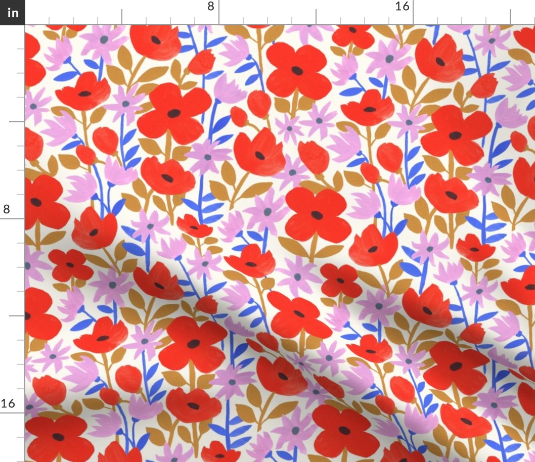 Red and Purple Flowers | Medium | Hand-Painted Floral with Red Lavender Gold Blue