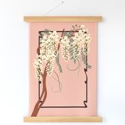 Art Nouveau White Wisteria Branch hanging on Ornate Vintage Border with Pink Background