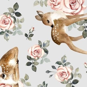 Large Scale / Little Deer With Vintage Roses / Light Grey Background  / Rotated