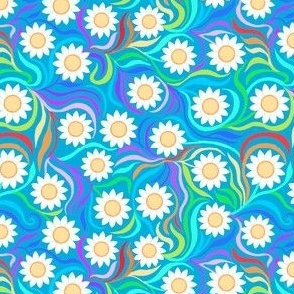 Daisies with rainbow leaves on teal