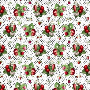 Strawberries and black dots on white ground