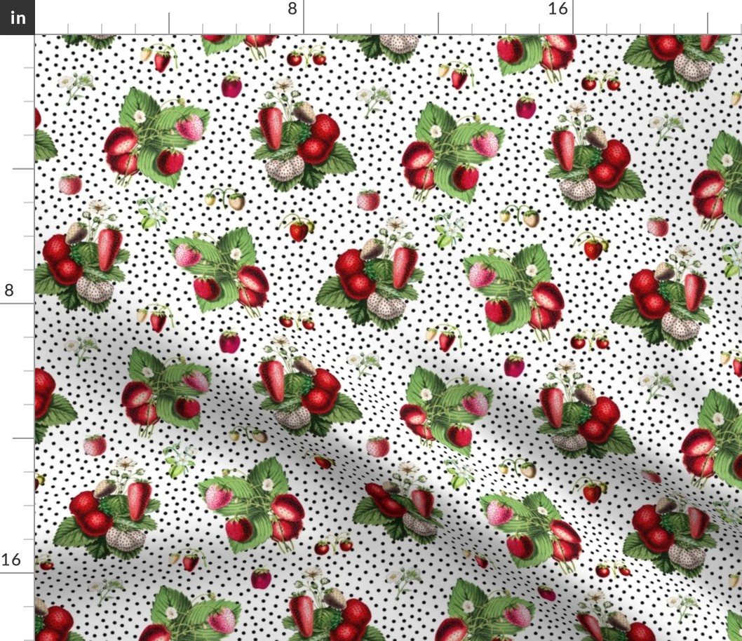 Strawberries and black dots on white ground