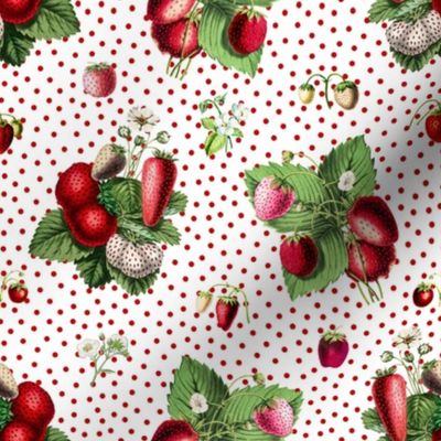 Strawberries and dark red dots on white ground