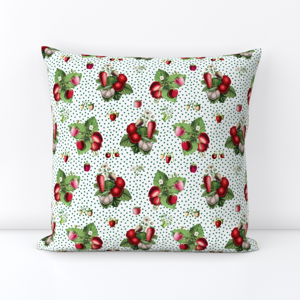 Strawberries and green dots on white ground