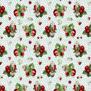 Strawberries and green dots on white ground