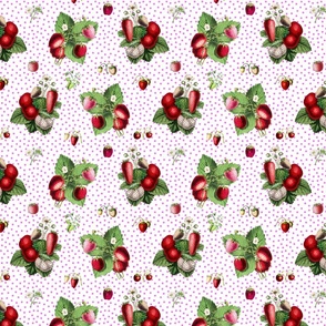 Strawberries and pink dots on white ground