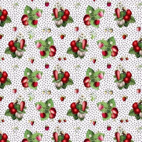 Strawberries and purple dots on white ground
