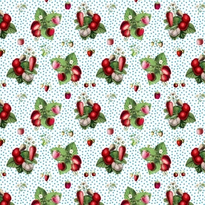 Strawberries and sky blue dots on white ground