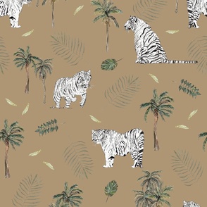 Hand Drawn Black And White Tigers With Trees And Leaves Tan Brown Large