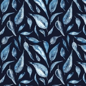 Watercolour Blue Leaves On Navy Blue Small
