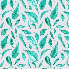 Watercolour Turquoise Leaves On Light Grey Small