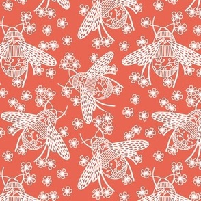 Honey Bees and Blossom Coral and White Small Scale