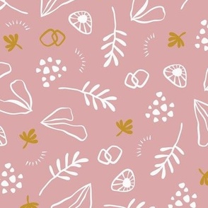Modern abstract dots and leaves in gold and pink