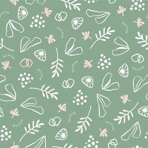 abstract flowers and shapes teal, pink, sage, green, rose