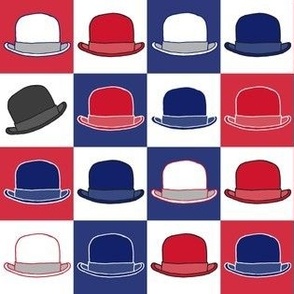 British Bowler Hat Businessman Checkerboard in Great Britain Union Jack Red, White and Blue Square Checkers