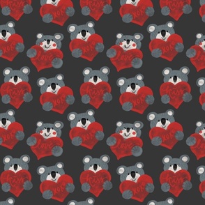Sweet teddy bears wit hearts romantic watercolor pattern on dark background