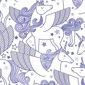 Good Night Unicorns- Large- White Background- Periwinkle Purple- Very Peri- Pantone Color of the Year 2022- Girl Unicorn Wallpaper- Magical Baby Girl Nursery-  Unicorn Fabric- Fairy Tale- Alicorn- Pegasus- Unicorn With Wings