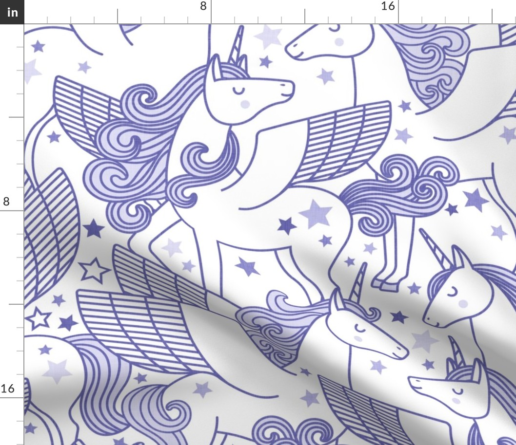Good Night Unicorns- Large- White Background- Periwinkle Purple- Very Peri- Pantone Color of the Year 2022- Girl Unicorn Wallpaper- Magical Baby Girl Nursery-  Unicorn Fabric- Fairy Tale- Alicorn- Pegasus- Unicorn With Wings