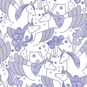 Good Night Unicorns- Medium- White Background- Periwinkle Purple- Very Peri- Pantone Color of the Year 2022- Girl Unicorn Wallpaper- Magical Baby Girl Nursery-  Unicorn Fabric- Fairy Tale- Alicorn- Pegasus- Unicorn With Wings