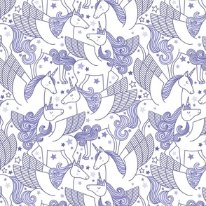 Good Night Unicorns- Small- White Background- Periwinkle Purple- Very Peri- Pantone Color of the Year 2022- Girl Unicorn Wallpaper- Magical Baby Girl Nursery-  Unicorn Fabric- Fairy Tale- Alicorn- Pegasus- Unicorn With Wings- Quilt Blender