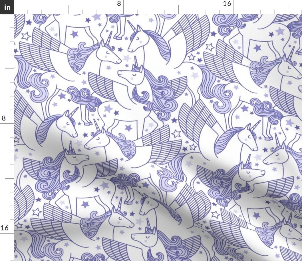 Good Night Unicorns- Small- White Background- Periwinkle Purple- Very Peri- Pantone Color of the Year 2022- Girl Unicorn Wallpaper- Magical Baby Girl Nursery-  Unicorn Fabric- Fairy Tale- Alicorn- Pegasus- Unicorn With Wings- Quilt Blender