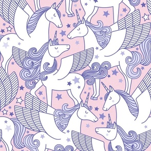 Good Night Unicorns- Medium- Soft Pink Background- Very Peri- Pantone Color of the Year 2022- Girl Unicorn Wallpaper- Magical Baby Girl Nursery-  Unicorn Fabric- Fairy Tale- Alicorn- Pegasus- Unicorn With Wings