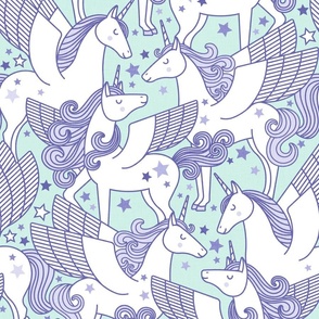Good Night Unicorns- Medium- Mint Background- Very Peri- Pantone Color of the Year 2022- Girl Unicorn Wallpaper- Magical Baby Girl Nursery-  Unicorn Fabric- Fairy Tale- Alicorn- Pegasus- Unicorn With Wings