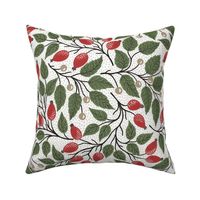 Bright red rose hip and olive green leaves - Christmas berry -textured white background L scale