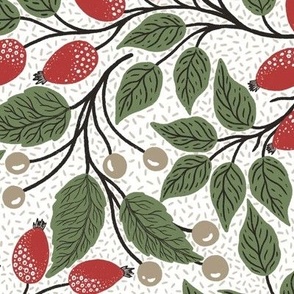 Bright red rose hip and olive green leaves - Christmas berry -textured white background L scale