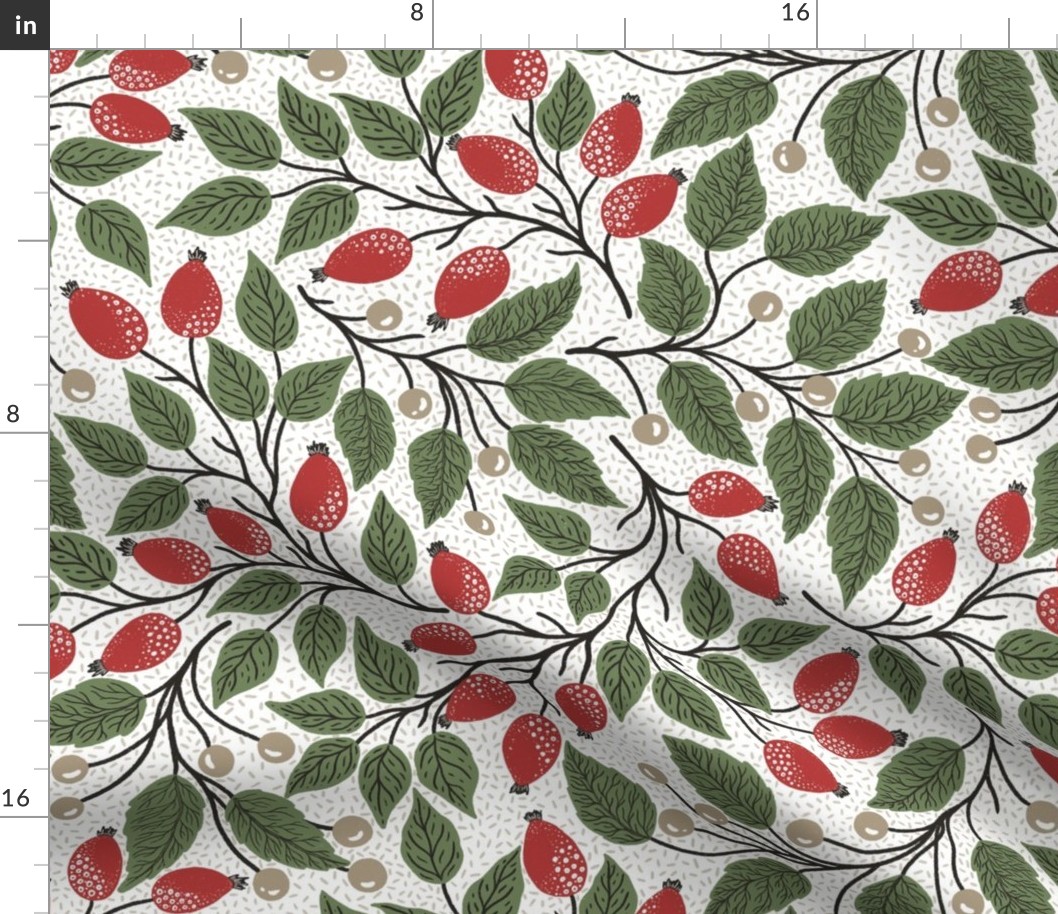 Bright red rose hip and olive green leaves - Christmas berry -textured white background L scale