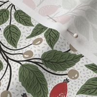 Bright red rose hip and olive green leaves - Christmas berry -textured white background M scale