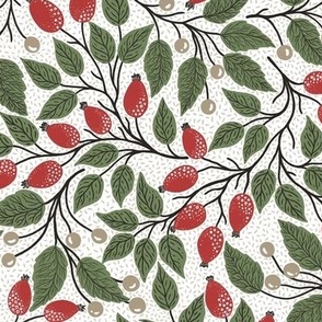 Bright red rose hip and olive green leaves - Christmas berry -textured white background M scale