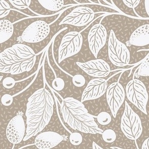 Tan and cream rose hip and leaves - textured neutral background L scale