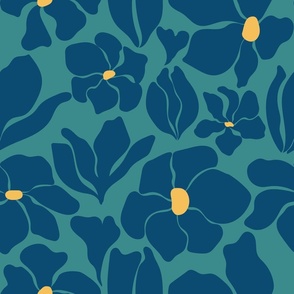 Magnolia Flowers - Matisse Inspired - Teal Green Navy Blue