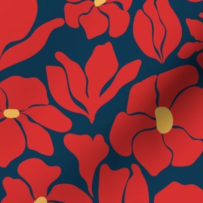 Magnolia Flowers - Matisse Inspired - Navy Blue + Red