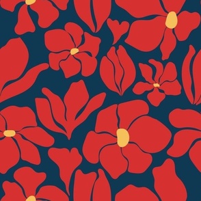 Magnolia Flowers - Matisse Inspired - Navy Blue + Red