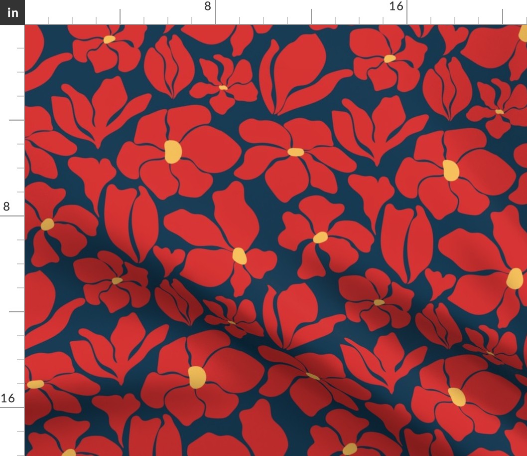 Magnolia Flowers - Matisse Inspired - Navy Blue + Red