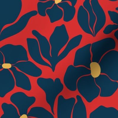 Magnolia Flowers - Matisse Inspired - Navy Blue + Red