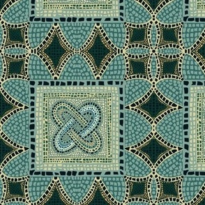 Neutral greens handdrawn, ancient Roman mosaic, 6” repeat and wallpaper 12” repeat