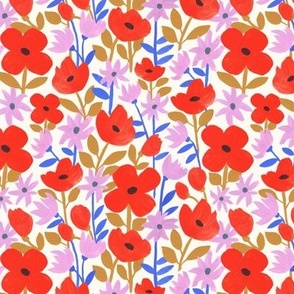 Red and Purple Flowers | Small | Hand-Painted Floral with Red Lavender Gold Blue